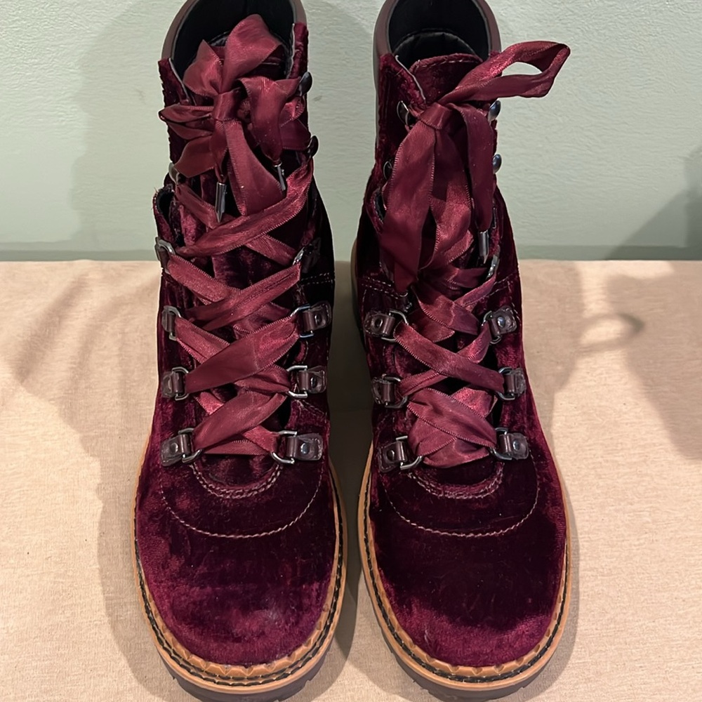 Sam Edelman "Browan" Burgundy Crushed Velvet Hiking Boots with satin laces